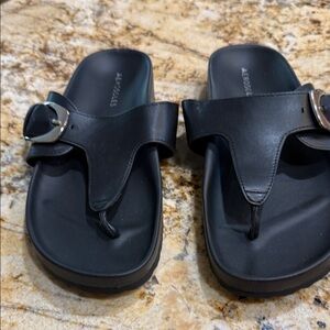 AEROSOLES Black Slide Sandals with Metallic Buckle